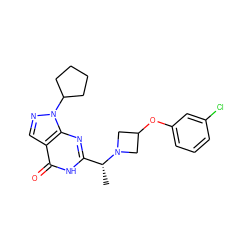 C[C@H](c1nc2c(cnn2C2CCCC2)c(=O)[nH]1)N1CC(Oc2cccc(Cl)c2)C1 ZINC000116975815