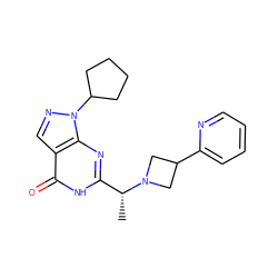 C[C@H](c1nc2c(cnn2C2CCCC2)c(=O)[nH]1)N1CC(c2ccccn2)C1 ZINC001772569979