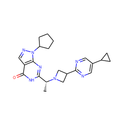 C[C@H](c1nc2c(cnn2C2CCCC2)c(=O)[nH]1)N1CC(c2ncc(C3CC3)cn2)C1 ZINC000116977698