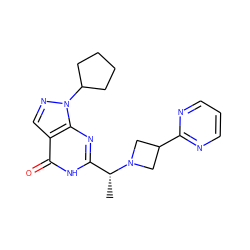 C[C@H](c1nc2c(cnn2C2CCCC2)c(=O)[nH]1)N1CC(c2ncccn2)C1 ZINC000072284432