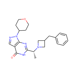 C[C@H](c1nc2c(cnn2C2CCOCC2)c(=O)[nH]1)N1CC(Cc2ccccc2)C1 ZINC001772621929