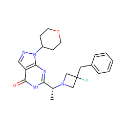 C[C@H](c1nc2c(cnn2C2CCOCC2)c(=O)[nH]1)N1CC(F)(Cc2ccccc2)C1 ZINC001772636158