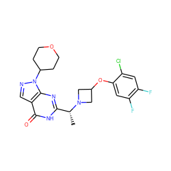 C[C@H](c1nc2c(cnn2C2CCOCC2)c(=O)[nH]1)N1CC(Oc2cc(F)c(F)cc2Cl)C1 ZINC001772616970