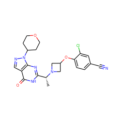 C[C@H](c1nc2c(cnn2C2CCOCC2)c(=O)[nH]1)N1CC(Oc2ccc(C#N)cc2Cl)C1 ZINC001772576437