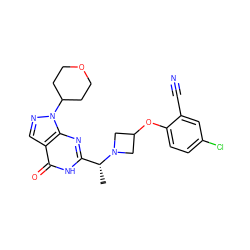 C[C@H](c1nc2c(cnn2C2CCOCC2)c(=O)[nH]1)N1CC(Oc2ccc(Cl)cc2C#N)C1 ZINC001772571708