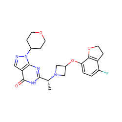 C[C@H](c1nc2c(cnn2C2CCOCC2)c(=O)[nH]1)N1CC(Oc2ccc(F)c3c2OCC3)C1 ZINC001772599404