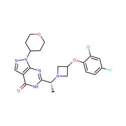 C[C@H](c1nc2c(cnn2C2CCOCC2)c(=O)[nH]1)N1CC(Oc2ccc(F)cc2Cl)C1 ZINC001772577276