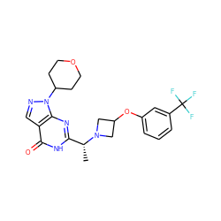 C[C@H](c1nc2c(cnn2C2CCOCC2)c(=O)[nH]1)N1CC(Oc2cccc(C(F)(F)F)c2)C1 ZINC001772581460