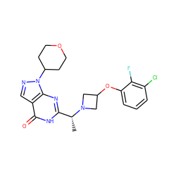 C[C@H](c1nc2c(cnn2C2CCOCC2)c(=O)[nH]1)N1CC(Oc2cccc(Cl)c2F)C1 ZINC001772577727