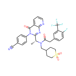 C[C@H](c1nc2ncccc2c(=O)n1-c1ccc(C#N)cc1)N(CC1CCS(=O)(=O)CC1)C(=O)Cc1ccc(F)c(C(F)(F)F)c1 ZINC000082137917