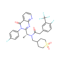 C[C@H](c1nc2ncccc2c(=O)n1-c1ccc(F)cc1)N(CC1CCS(=O)(=O)CC1)C(=O)Cc1ccc(F)c(C(F)(F)F)c1 ZINC000082137955