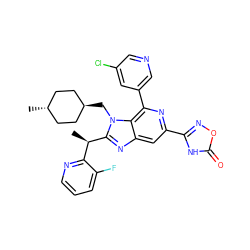 C[C@H](c1ncccc1F)c1nc2cc(-c3noc(=O)[nH]3)nc(-c3cncc(Cl)c3)c2n1C[C@H]1CC[C@H](C)CC1 ZINC000261182836