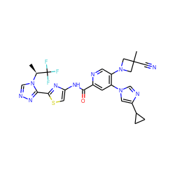 C[C@H](n1cnnc1-c1nc(NC(=O)c2cc(-n3cnc(C4CC4)c3)c(N3CC(C)(C#N)C3)cn2)cs1)C(F)(F)F ZINC001772621509