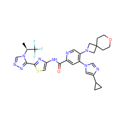 C[C@H](n1cnnc1-c1nc(NC(=O)c2cc(-n3cnc(C4CC4)c3)c(N3CC4(CCOCC4)C3)cn2)cs1)C(F)(F)F ZINC001772655488