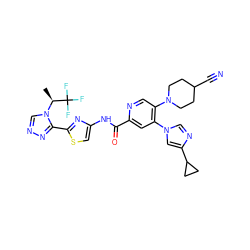 C[C@H](n1cnnc1-c1nc(NC(=O)c2cc(-n3cnc(C4CC4)c3)c(N3CCC(C#N)CC3)cn2)cs1)C(F)(F)F ZINC001772618260