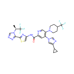 C[C@H](n1cnnc1-c1nc(NC(=O)c2cc(-n3cnc(C4CC4)c3)c(N3CCC(C(F)(F)F)CC3)cn2)cs1)C(F)(F)F ZINC001772634183