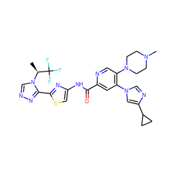 C[C@H](n1cnnc1-c1nc(NC(=O)c2cc(-n3cnc(C4CC4)c3)c(N3CCN(C)CC3)cn2)cs1)C(F)(F)F ZINC000218998755