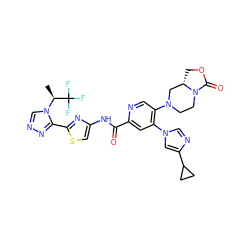 C[C@H](n1cnnc1-c1nc(NC(=O)c2cc(-n3cnc(C4CC4)c3)c(N3CCN4C(=O)OC[C@H]4C3)cn2)cs1)C(F)(F)F ZINC001772609932