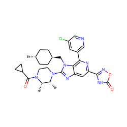 C[C@H]1[C@@H](C)N(c2nc3cc(-c4noc(=O)[nH]4)nc(-c4cncc(Cl)c4)c3n2C[C@H]2CC[C@H](C)CC2)CCN1C(=O)C1CC1 ZINC000261143901