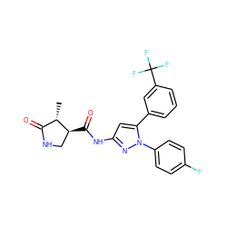 C[C@H]1C(=O)NC[C@@H]1C(=O)Nc1cc(-c2cccc(C(F)(F)F)c2)n(-c2ccc(F)cc2)n1 ZINC000169707141