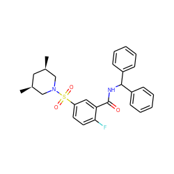 C[C@H]1C[C@@H](C)CN(S(=O)(=O)c2ccc(F)c(C(=O)NC(c3ccccc3)c3ccccc3)c2)C1 ZINC000009490190