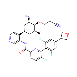 C[C@H]1C[C@@H](c2ccncc2NC(=O)c2ccc(F)c(-c3c(F)cc(C4COC4)cc3F)n2)C[C@@H](N)[C@H]1OCCC#N ZINC000261166250