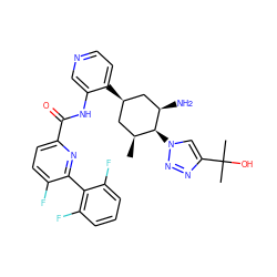 C[C@H]1C[C@@H](c2ccncc2NC(=O)c2ccc(F)c(-c3c(F)cccc3F)n2)C[C@@H](N)[C@H]1n1cc(C(C)(C)O)nn1 ZINC000261150001