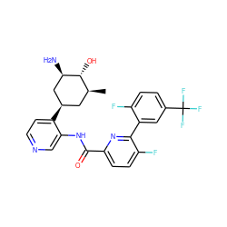 C[C@H]1C[C@@H](c2ccncc2NC(=O)c2ccc(F)c(-c3cc(C(F)(F)F)ccc3F)n2)C[C@@H](N)[C@@H]1O ZINC000140495527