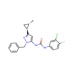 C[C@H]1C[C@@H]1c1cc(NC(=O)Nc2ccc(F)c(Cl)c2)n(Cc2ccccc2)n1 ZINC000299831314