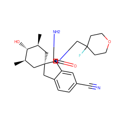 C[C@H]1C[C@]2(Cc3ccc(C#N)cc3[C@]23N=C(N)N(CC2(F)CCOCC2)C3=O)C[C@@H](C)[C@@H]1O ZINC000149622740