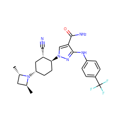 C[C@H]1C[C@H](C)N1[C@H]1CC[C@H](n2cc(C(N)=O)c(Nc3ccc(C(F)(F)F)cc3)n2)[C@@H](C#N)C1 ZINC000221856149