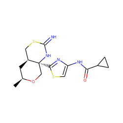 C[C@H]1C[C@H]2CSC(=N)N[C@@]2(c2nc(NC(=O)C3CC3)cs2)CO1 ZINC001772621048