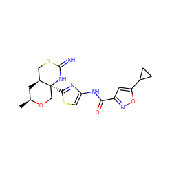 C[C@H]1C[C@H]2CSC(=N)N[C@@]2(c2nc(NC(=O)c3cc(C4CC4)on3)cs2)CO1 ZINC001772597121