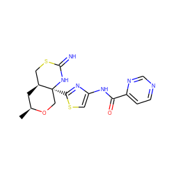 C[C@H]1C[C@H]2CSC(=N)N[C@@]2(c2nc(NC(=O)c3ccncn3)cs2)CO1 ZINC001772585498