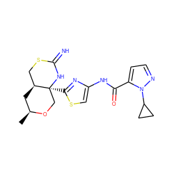 C[C@H]1C[C@H]2CSC(=N)N[C@@]2(c2nc(NC(=O)c3ccnn3C3CC3)cs2)CO1 ZINC001772587317