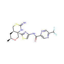 C[C@H]1C[C@H]2CSC(=N)N[C@@]2(c2nc(NC(=O)c3cnc(C(F)F)cn3)cs2)CO1 ZINC001772580175