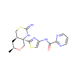 C[C@H]1C[C@H]2CSC(=N)N[C@@]2(c2nc(NC(=O)c3ncccn3)cs2)CO1 ZINC001772604680