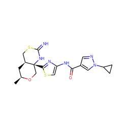 C[C@H]1C[C@H]2CSC(=N)N[C@]2(c2nc(NC(=O)c3cnn(C4CC4)c3)cs2)CO1 ZINC001772604513