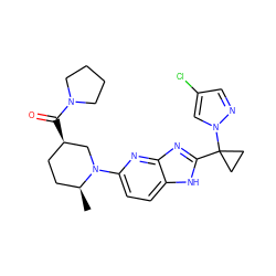 C[C@H]1CC[C@@H](C(=O)N2CCCC2)CN1c1ccc2[nH]c(C3(n4cc(Cl)cn4)CC3)nc2n1 ZINC000221078141