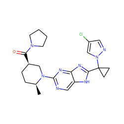 C[C@H]1CC[C@@H](C(=O)N2CCCC2)CN1c1ncc2[nH]c(C3(n4cc(Cl)cn4)CC3)nc2n1 ZINC000221145122