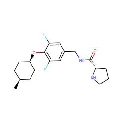 C[C@H]1CC[C@@H](Oc2c(F)cc(CNC(=O)[C@@H]3CCCN3)cc2F)CC1 ZINC000261143384