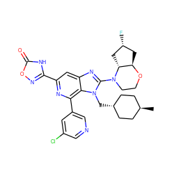 C[C@H]1CC[C@H](Cn2c(N3CCO[C@@H]4C[C@@H](F)C[C@H]43)nc3cc(-c4noc(=O)[nH]4)nc(-c4cncc(Cl)c4)c32)CC1 ZINC000261183753