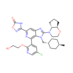 C[C@H]1CC[C@H](Cn2c(N3CCO[C@@H]4CCC[C@H]43)nc3cc(-c4noc(=O)[nH]4)nc(-c4cc(Cl)cnc4OCCO)c32)CC1 ZINC000261102421