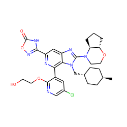 C[C@H]1CC[C@H](Cn2c(N3CCO[C@H]4CCC[C@@H]43)nc3cc(-c4noc(=O)[nH]4)nc(-c4cc(Cl)cnc4OCCO)c32)CC1 ZINC001772636581