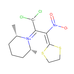 C[C@H]1CCC[C@@H](C)[N+]1=C(C(=C1SCCS1)[N+](=O)[O-])[C-](Cl)Cl ZINC000058189452