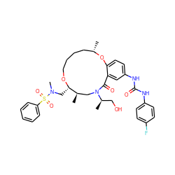 C[C@H]1CCCCO[C@@H](CN(C)S(=O)(=O)c2ccccc2)[C@H](C)CN([C@H](C)CO)C(=O)c2cc(NC(=O)Nc3ccc(F)cc3)ccc2O1 ZINC000095600299
