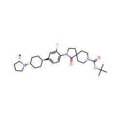 C[C@H]1CCCN1[C@H]1CC[C@H](c2ccc(N3CCC4(CCN(C(=O)OC(C)(C)C)CC4)C3=O)c(F)c2)CC1 ZINC001772586829