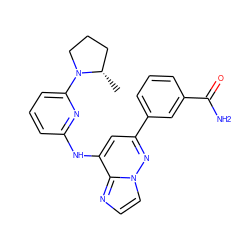 C[C@H]1CCCN1c1cccc(Nc2cc(-c3cccc(C(N)=O)c3)nn3ccnc23)n1 ZINC000207342588