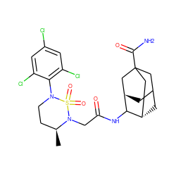 C[C@H]1CCN(c2c(Cl)cc(Cl)cc2Cl)S(=O)(=O)N1CC(=O)NC1[C@H]2CC3C[C@H]1CC(C(N)=O)(C3)C2 ZINC000101508852