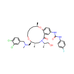 C[C@H]1CN([C@@H](C)CO)C(=O)c2cc(NC(=O)Nc3ccc(F)cc3)ccc2O[C@H](C)CCCCO[C@@H]1CN(C)Cc1ccc(Cl)c(Cl)c1 ZINC000095603794